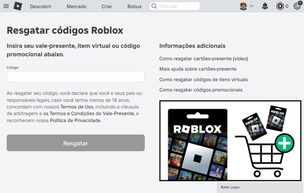 Como resgatar um código de Robux no Roblox